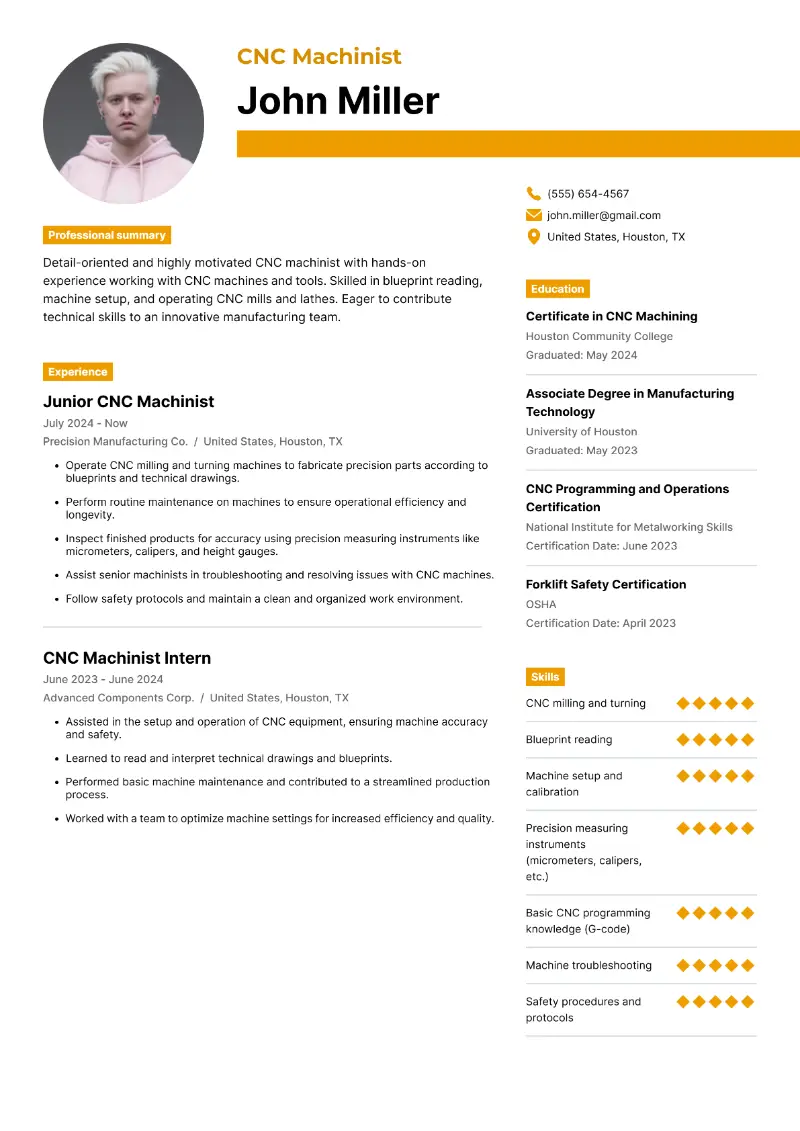 CNC Machinist Resume Examples, Templates & Guide for 2025