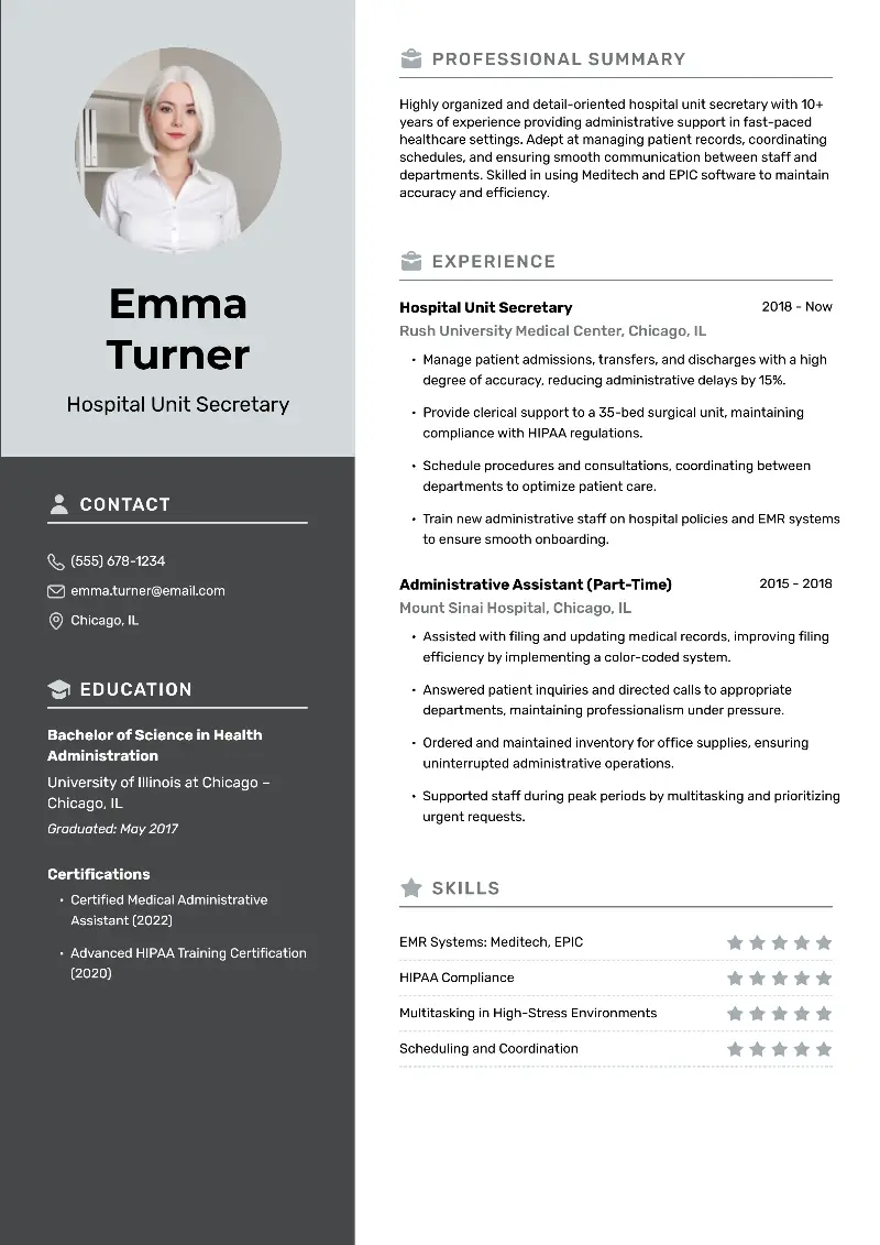 Unit Secretary Resume Examples, Skills, and Guide