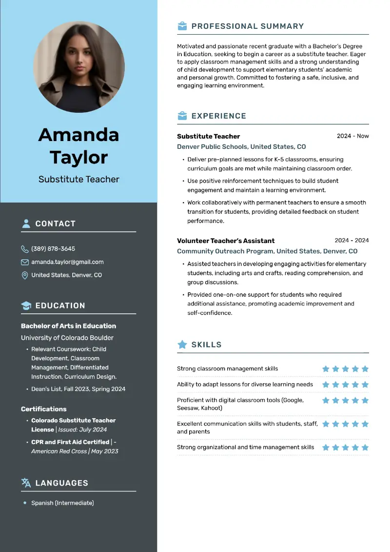 Entry-Level Substitute Teacher Resume Examples for 2025