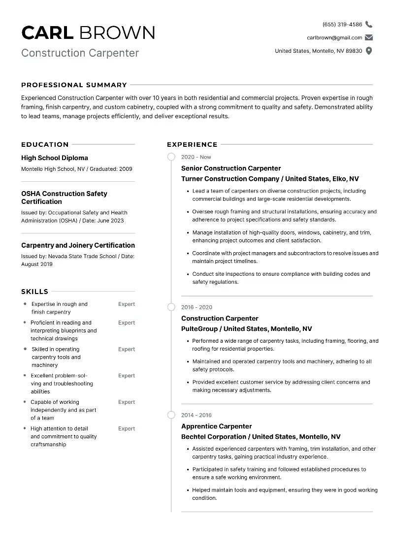 Carpenter Resume Examples and Templates for 2025