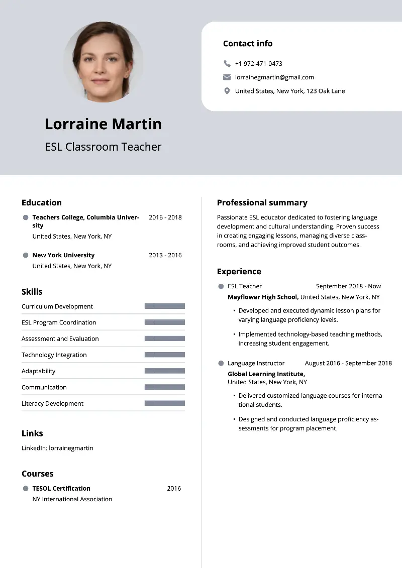 11 ESL Teacher Resume Examples and Skills for 2025