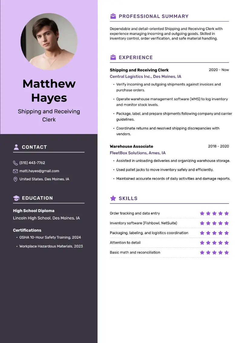 Shipping and Receiving Clerk Resume Examples for 2025