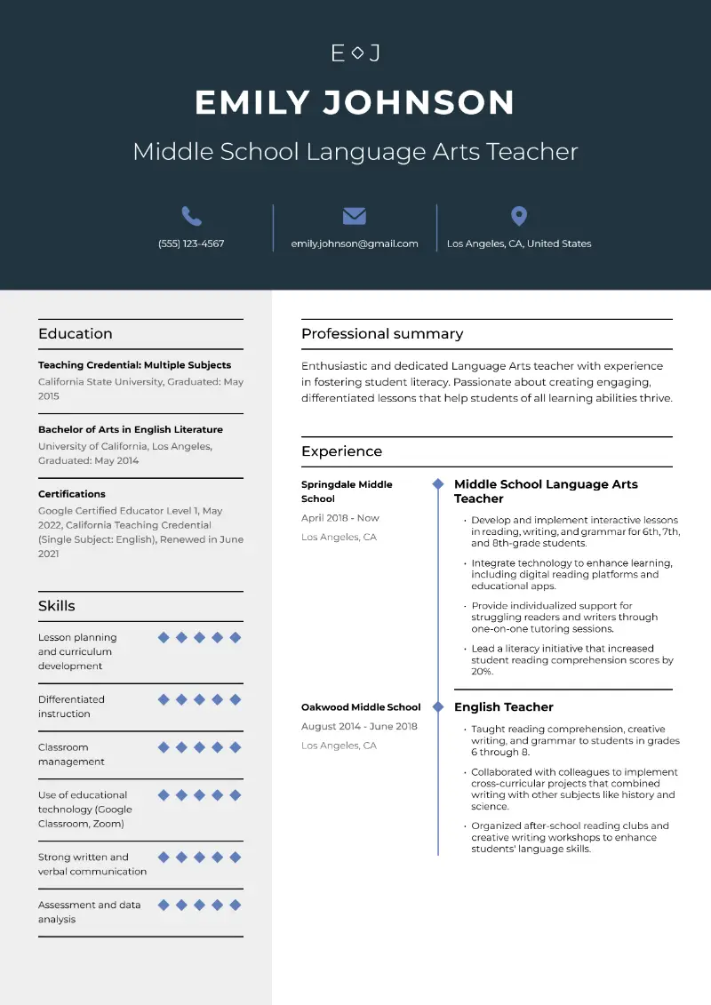 Middle School Teacher Resume Examples & Templates