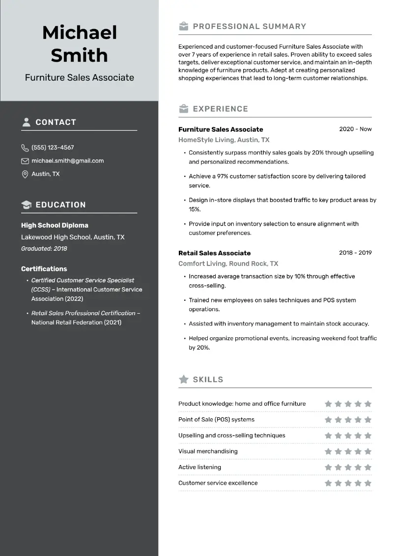 Furniture Sales Resume Examples and Templates for 2025