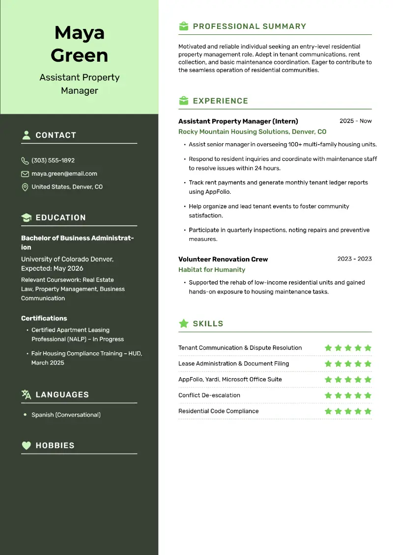 Entry-Level Property Manager Resume Examples for 2025