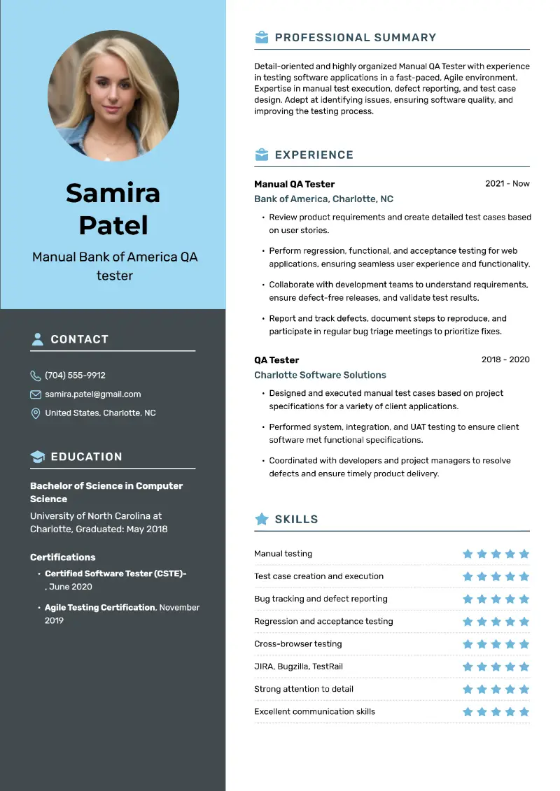 Bank of America QA Tester Resume Examples and Templates