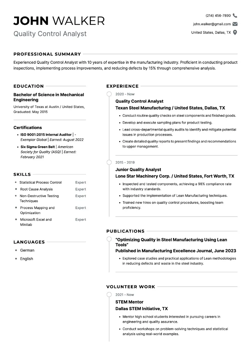Quality Control Analyst Resume Examples and Guide for 2025