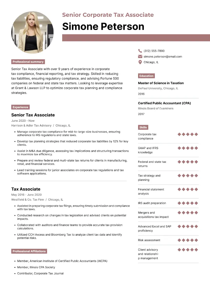 Senior Tax Associate Resume Examples and Writing Guide