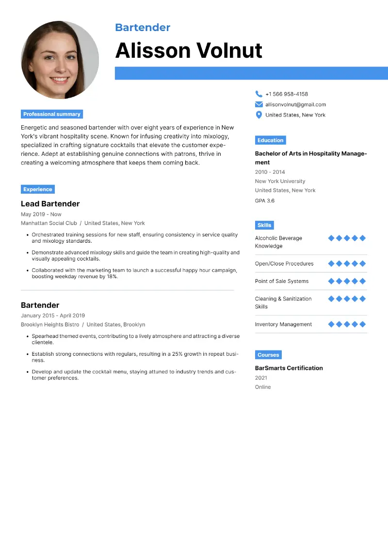 9 Bartender Resume Examples to Get Hired in 2025