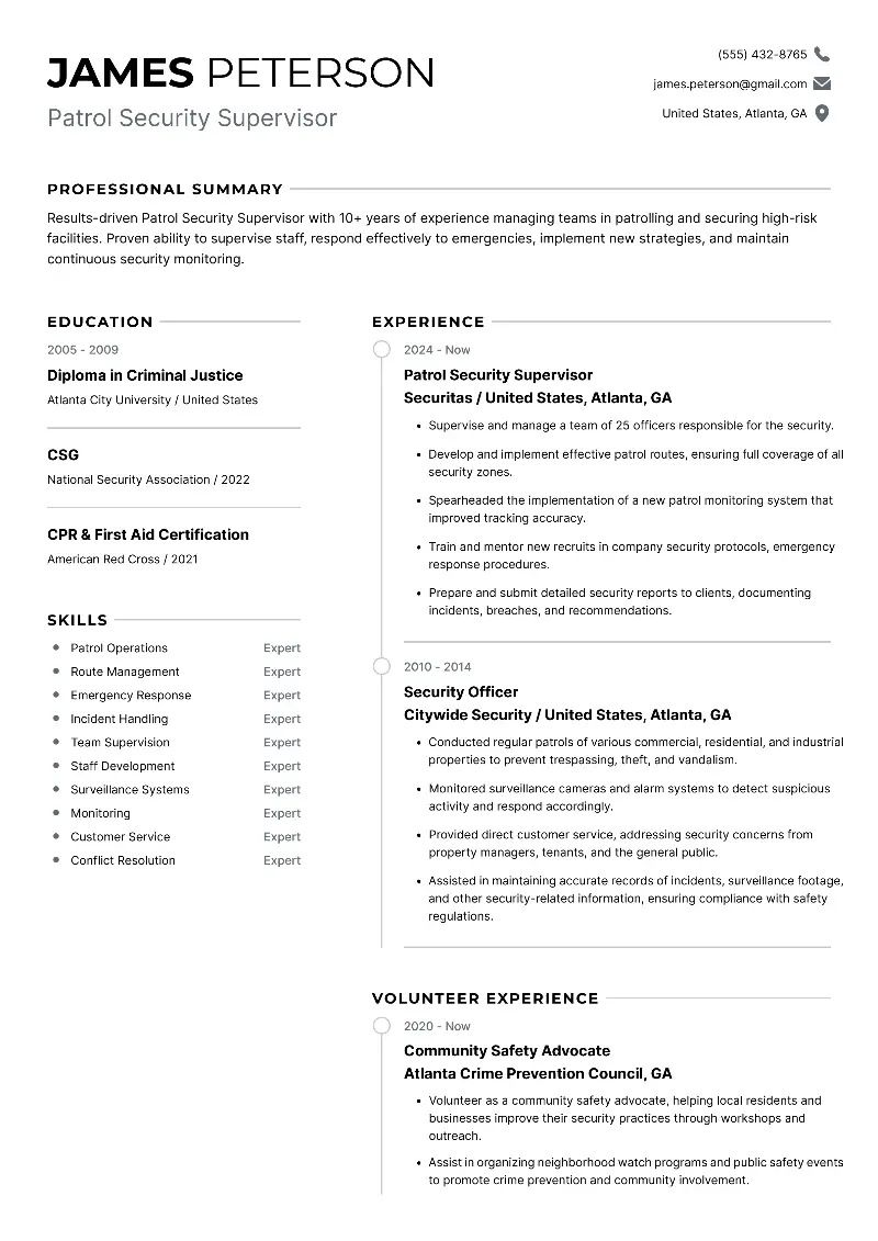 Patrol Security Supervisor Resume
