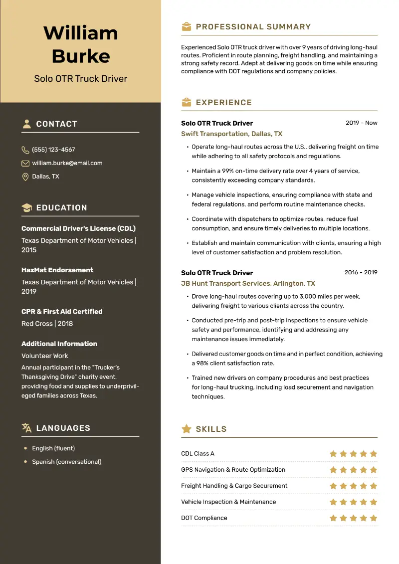 OTR Truck Driver Resume: Examples and Essential Tips