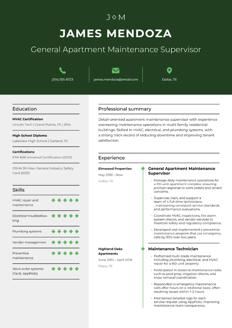 Apartment Maintenance Supervisor Resume Examples for 2025