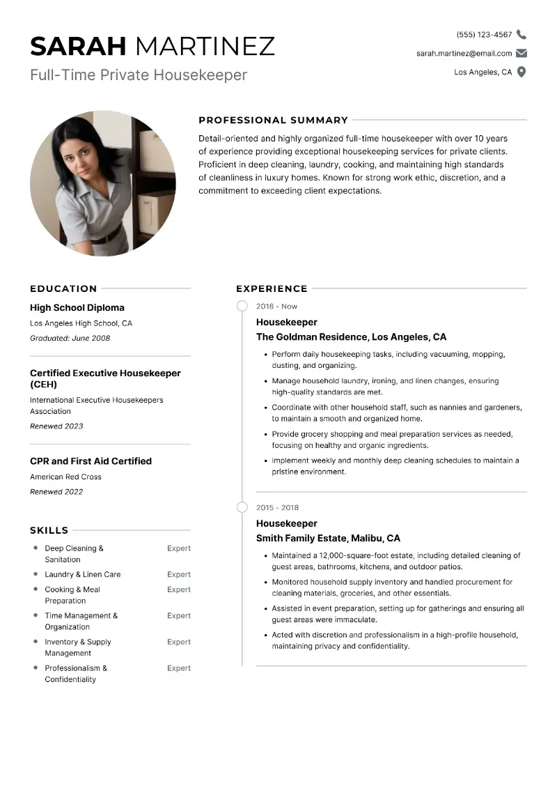 3 Private Housekeeper Resume Examples & Templates