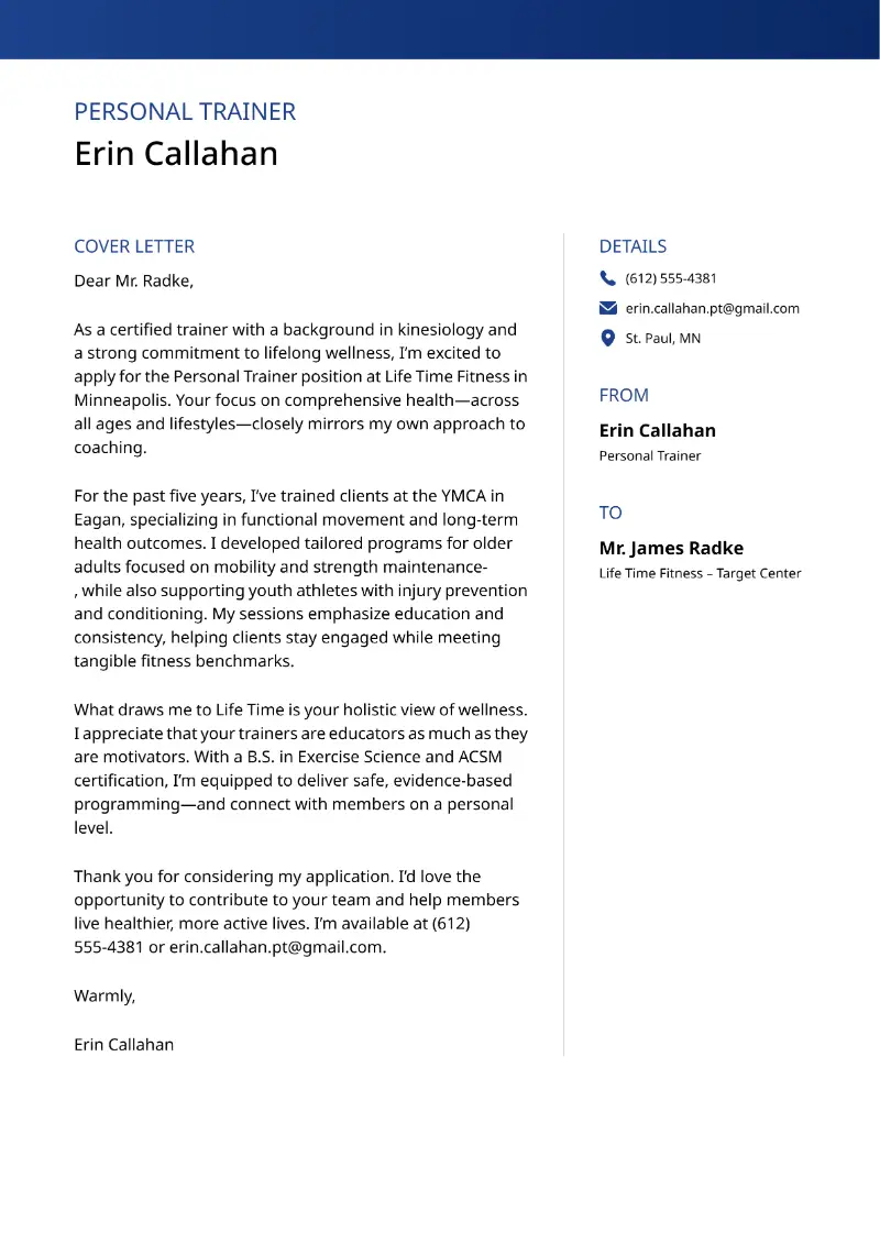 Personal Trainer Cover Letter Examples and Templates