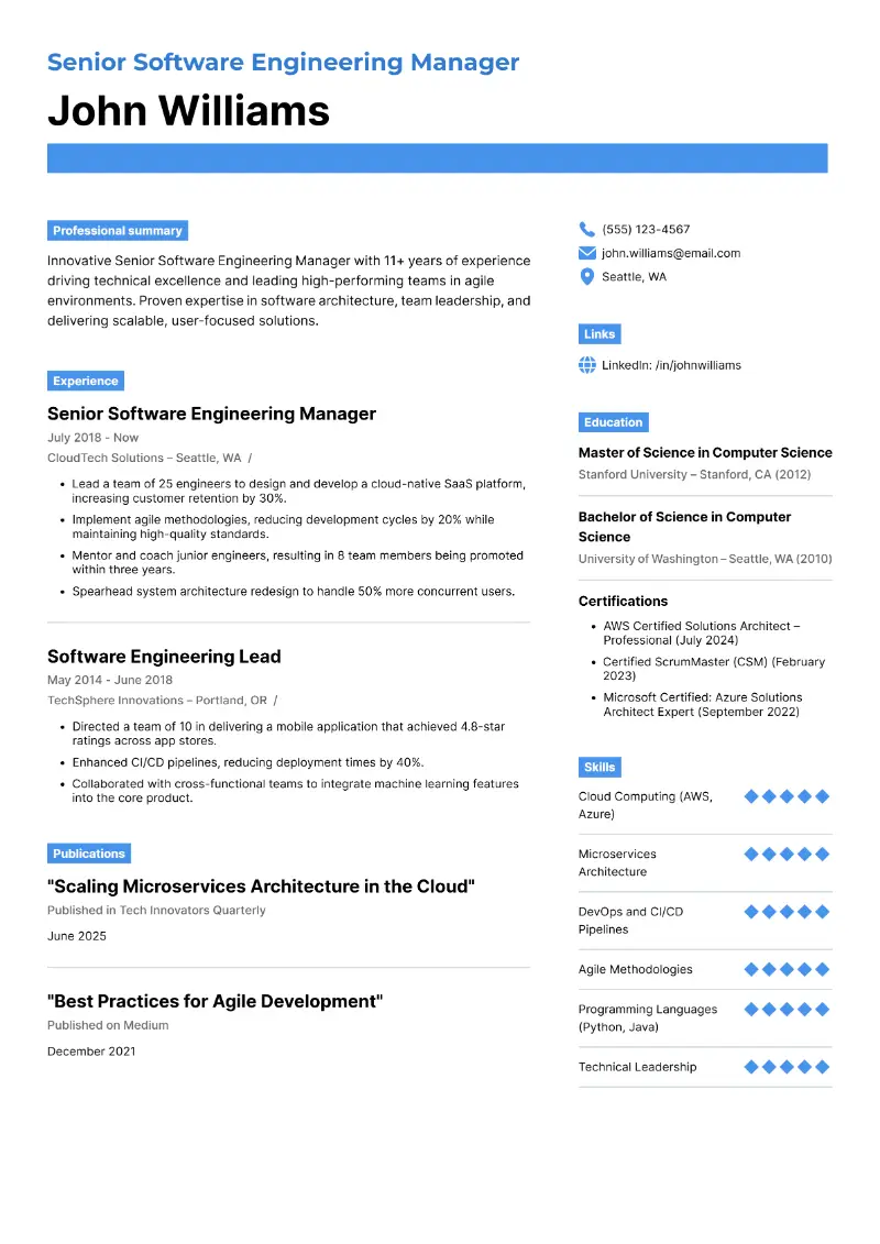 Senior Engineering Manager Resume Examples + Guide for 2025