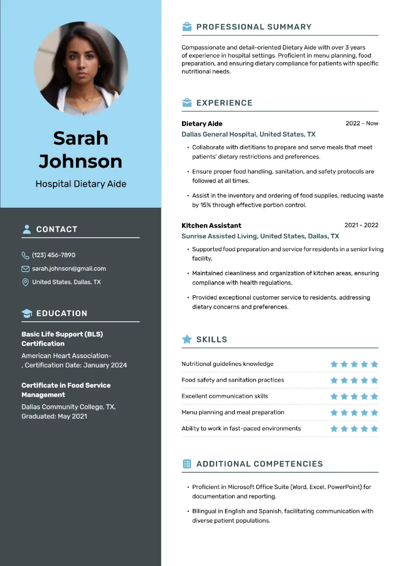 4 Dietary Aide Resume Examples and Templates for 2025