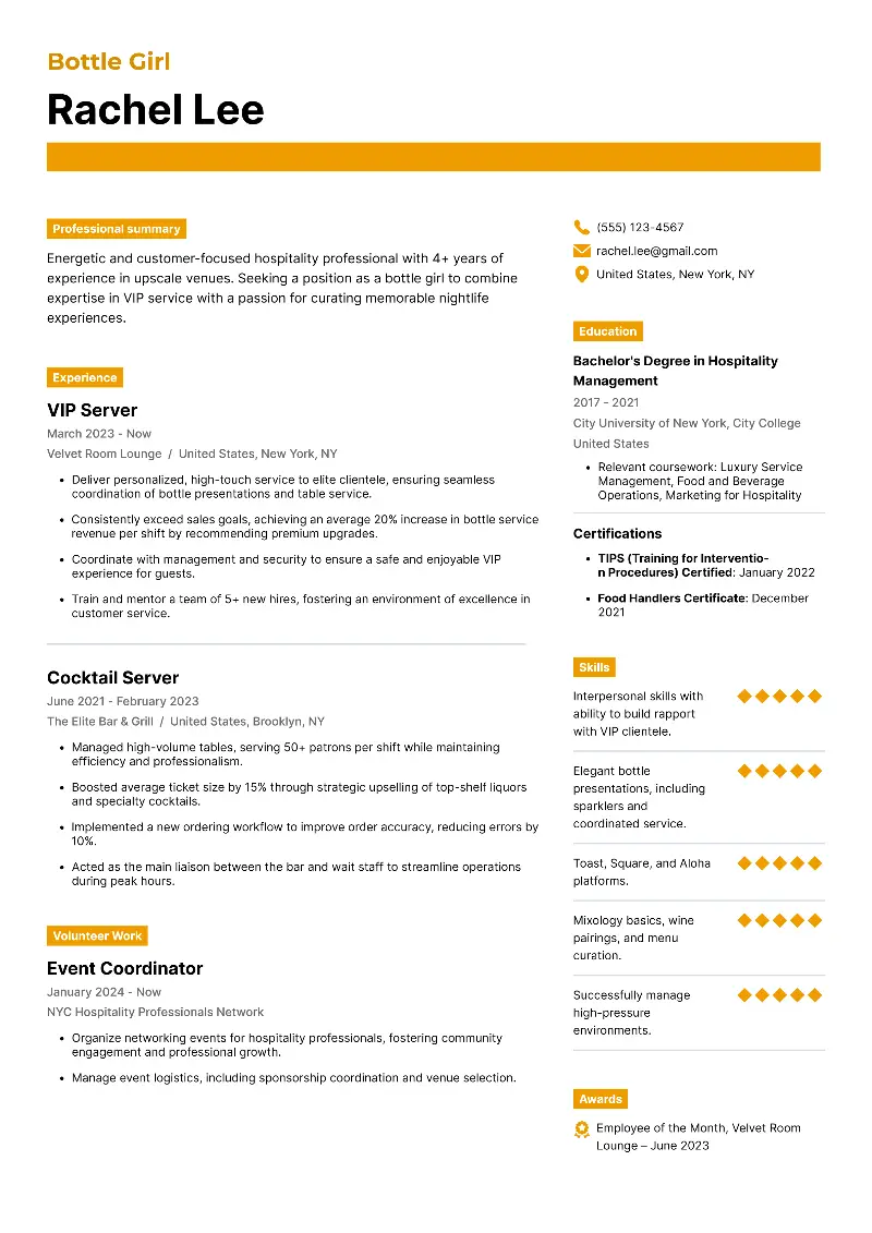 3 Bottle Girl Resume Examples, Templates and Skills for 2025