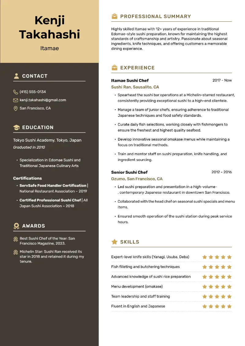 Sushi Chef Resume Examples and Templates for 2025