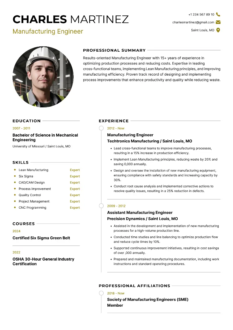 4 Manufacturing Engineer Resume Examples for 2025