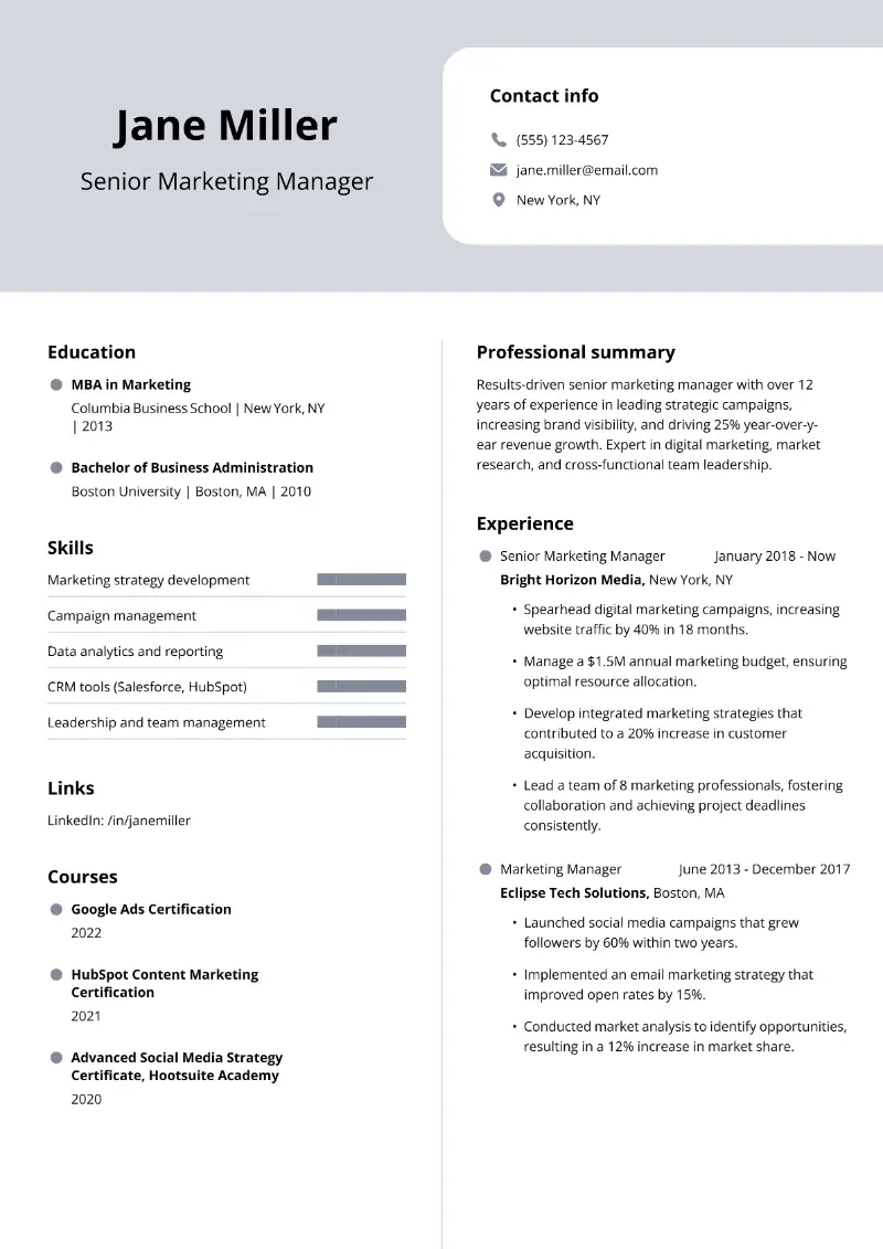Senior Marketing Manager Resume Examples for 2025
