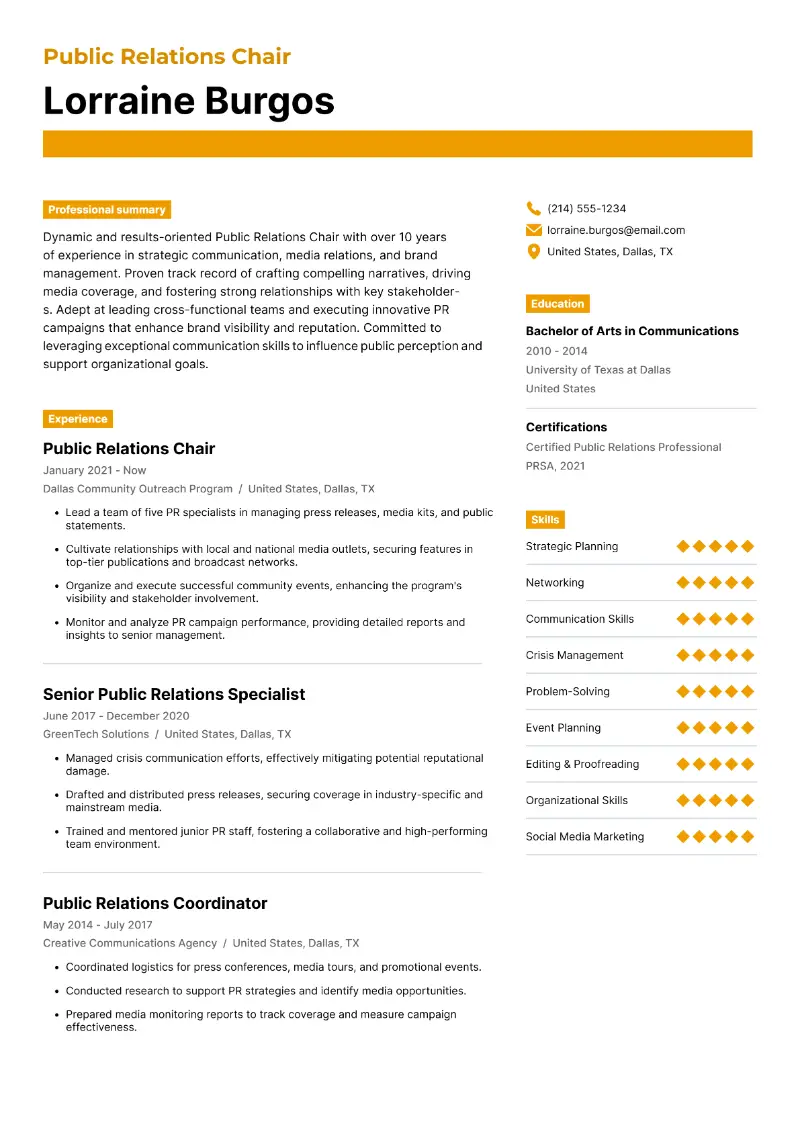 6 Public Relations Resume Examples with Templates