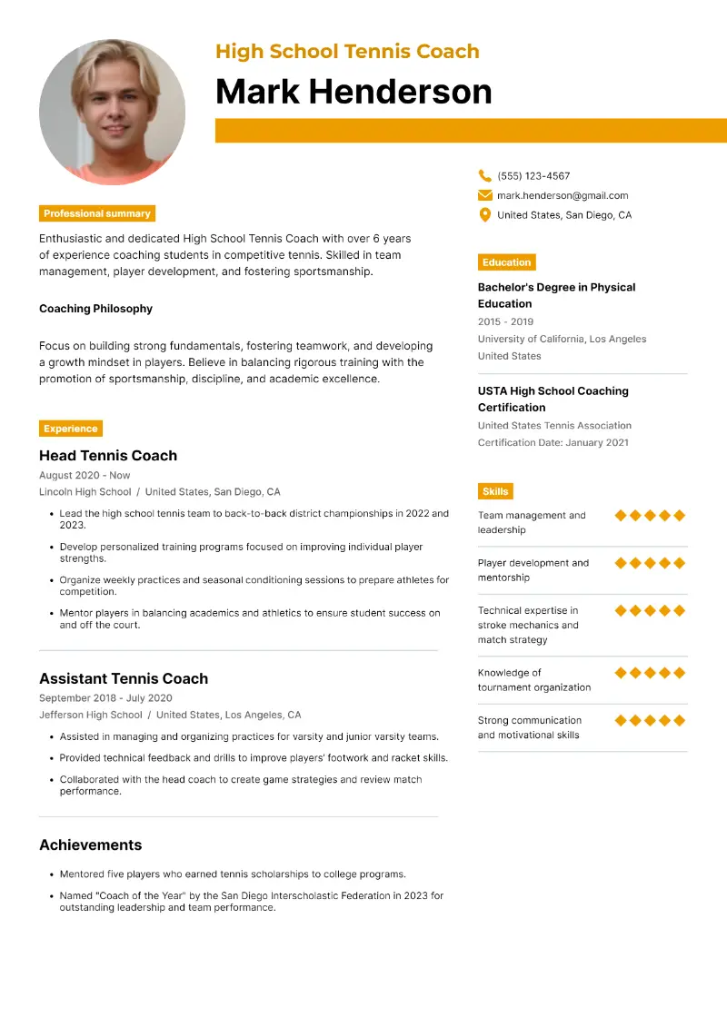 3 Tennis Coach Resume Examples and Templates for 2025