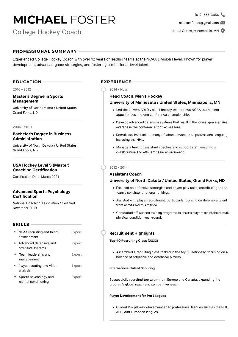 Professional Hockey Coach Resume Examples for 2025