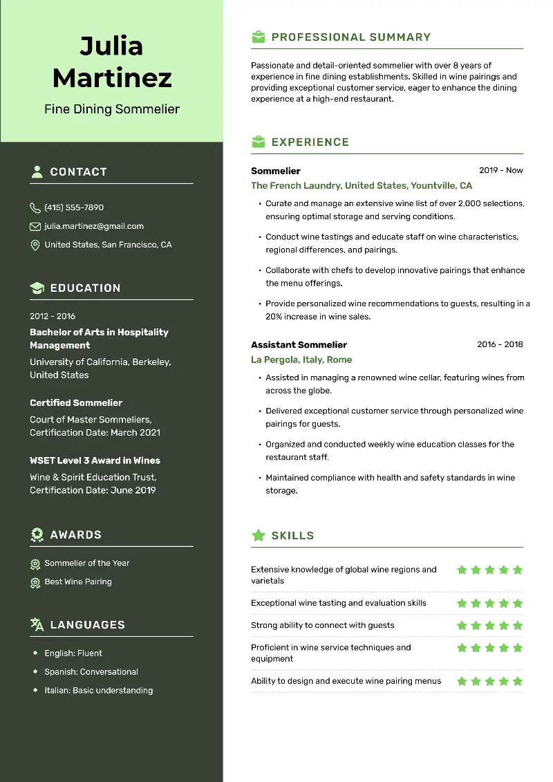 3 Sommelier Resume Examples & Templates for 2025