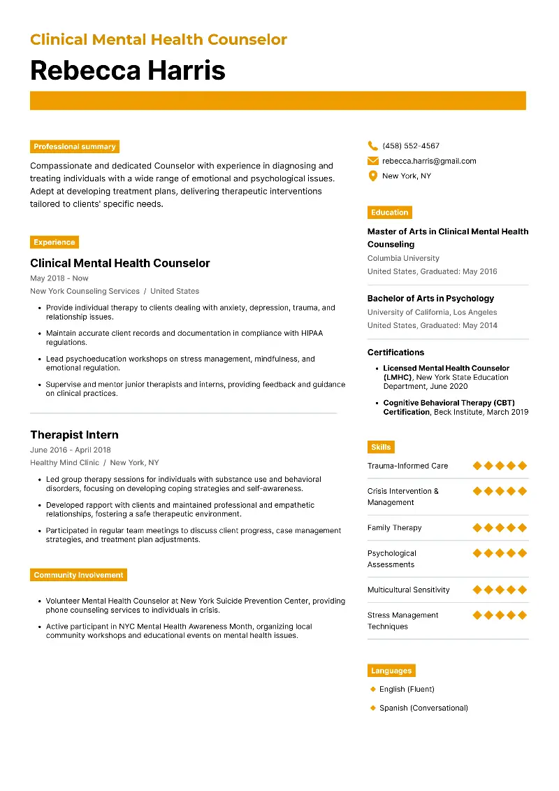 Mental Health Counselor Resume Examples for 2025