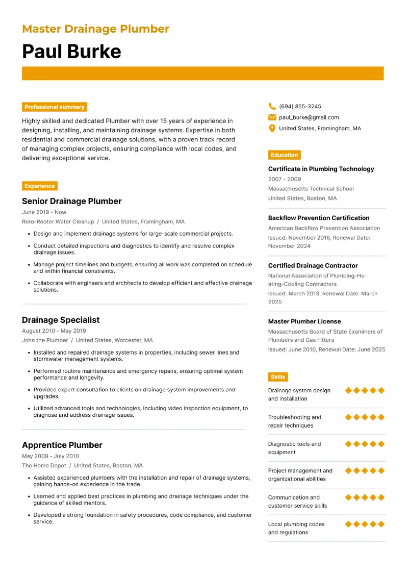 Plumber Resume Examples + Writing Tips for 2025