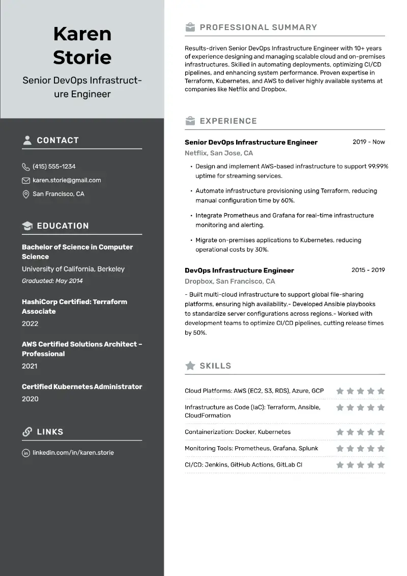 3 Senior DevOps Engineer Resume Examples for 2025