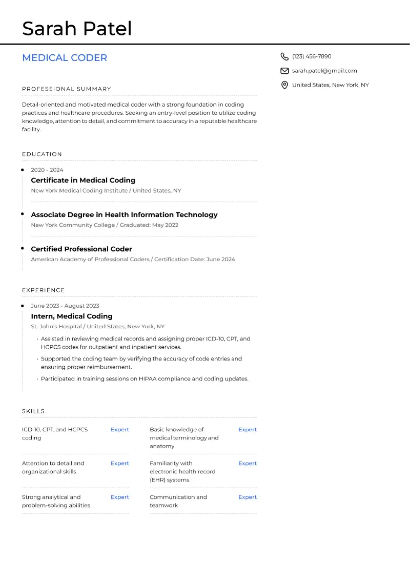Entry-Level Medical Coder Resume Examples for 2025