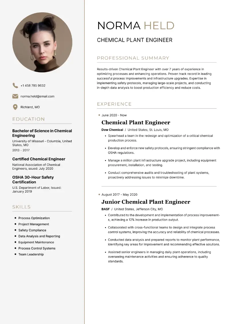 Chemical Engineer Resume Examples + Guide 2025