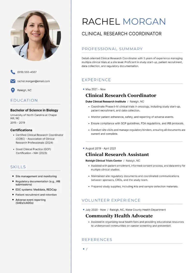 5 Clinical Research Coordinator Resume Examples for 2025