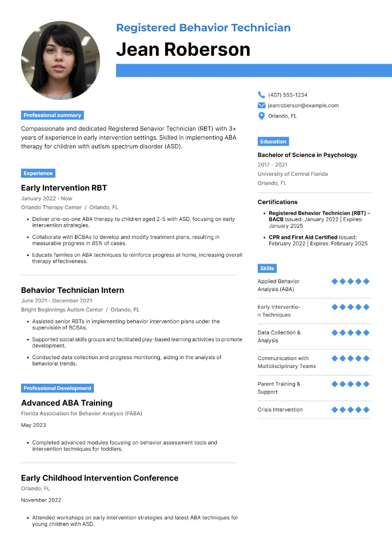 Registered Behavior Technician Resume Examples & Templates