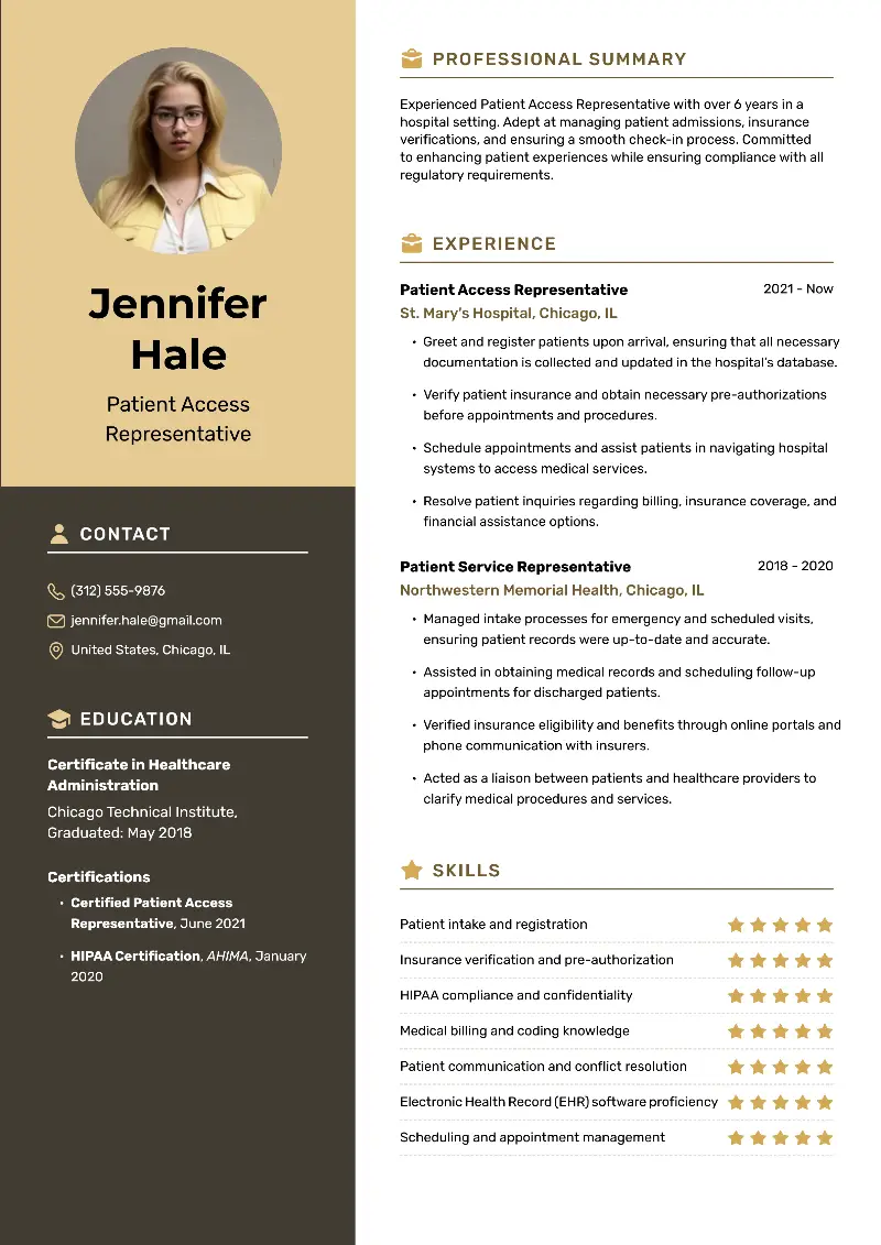 Patient Access Representative Resume Examples and Templates