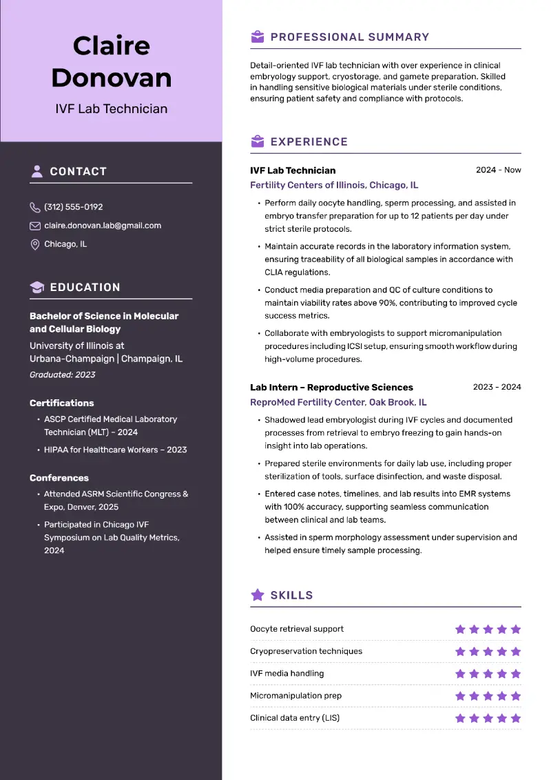 Junior Embryologist Resume: Examples, Skills & Tips for 2025