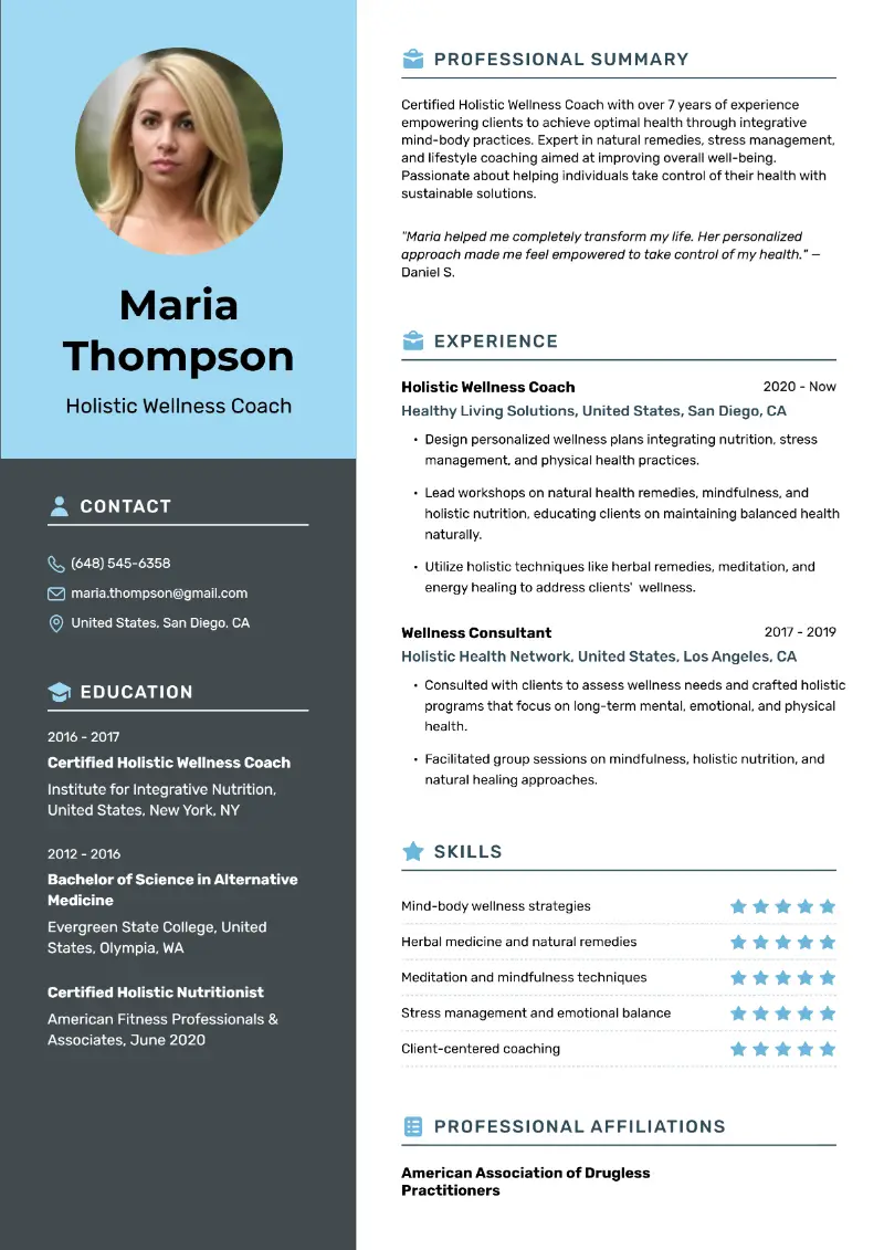 Health Wellness Coach Resume Examples for 2025