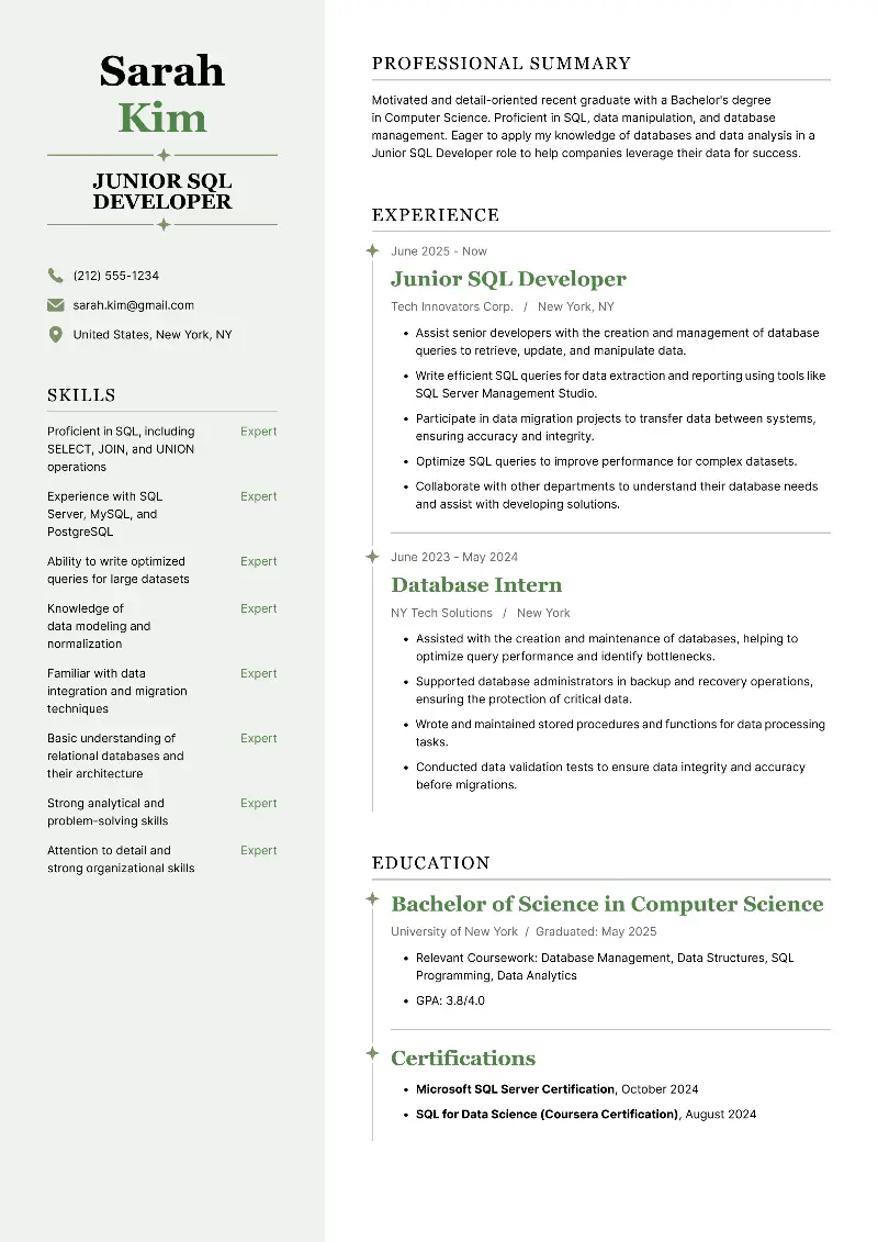 Junior SQL Developer Resume Examples for 2025