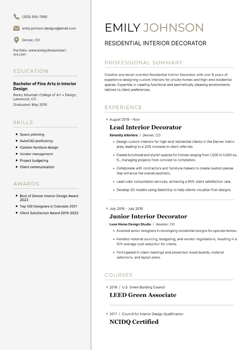 Interior Decorator Resume Examples and Writing Tips