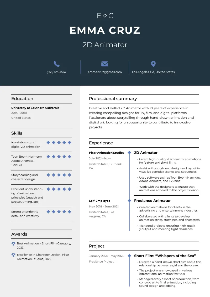 4 Animator Resume Examples and Templates for 2025