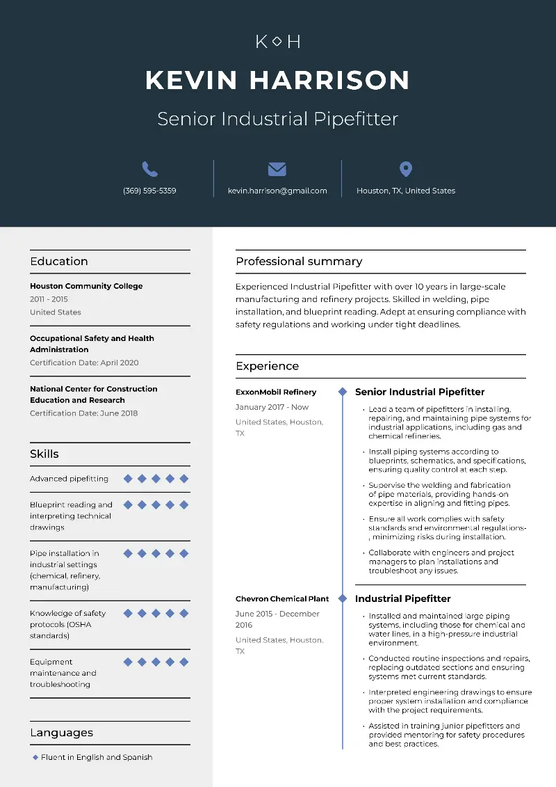 3 Pipefitter Resume Examples That Works for 2025