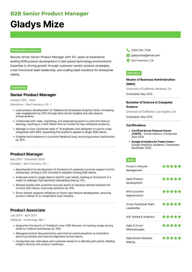 Senior Product Manager Resume Examples for 2025