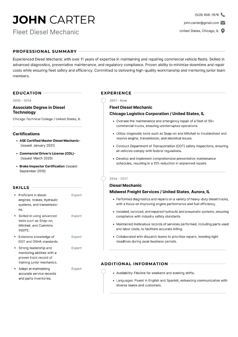 Diesel Mechanic Resume Examples and Templates for 2025