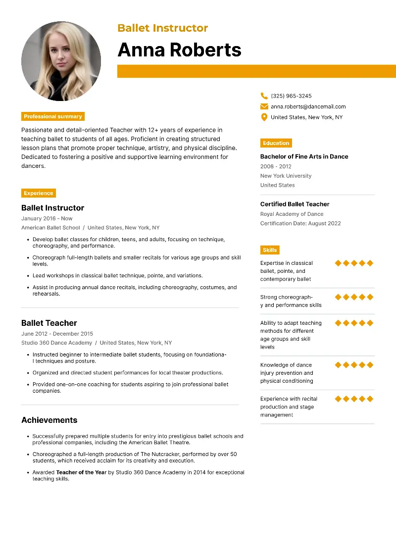 5 Dance Teacher Resume Examples That Work in 2025