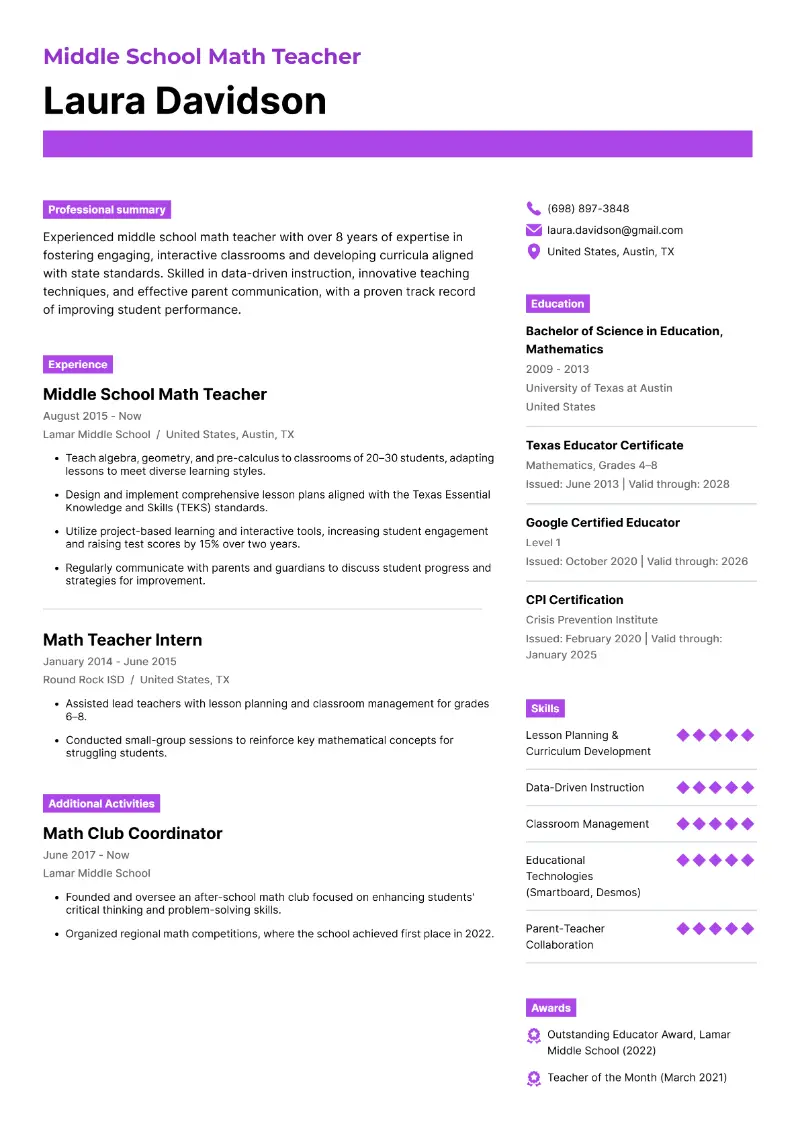 Middle School Math Teacher Resume Examples for 2025