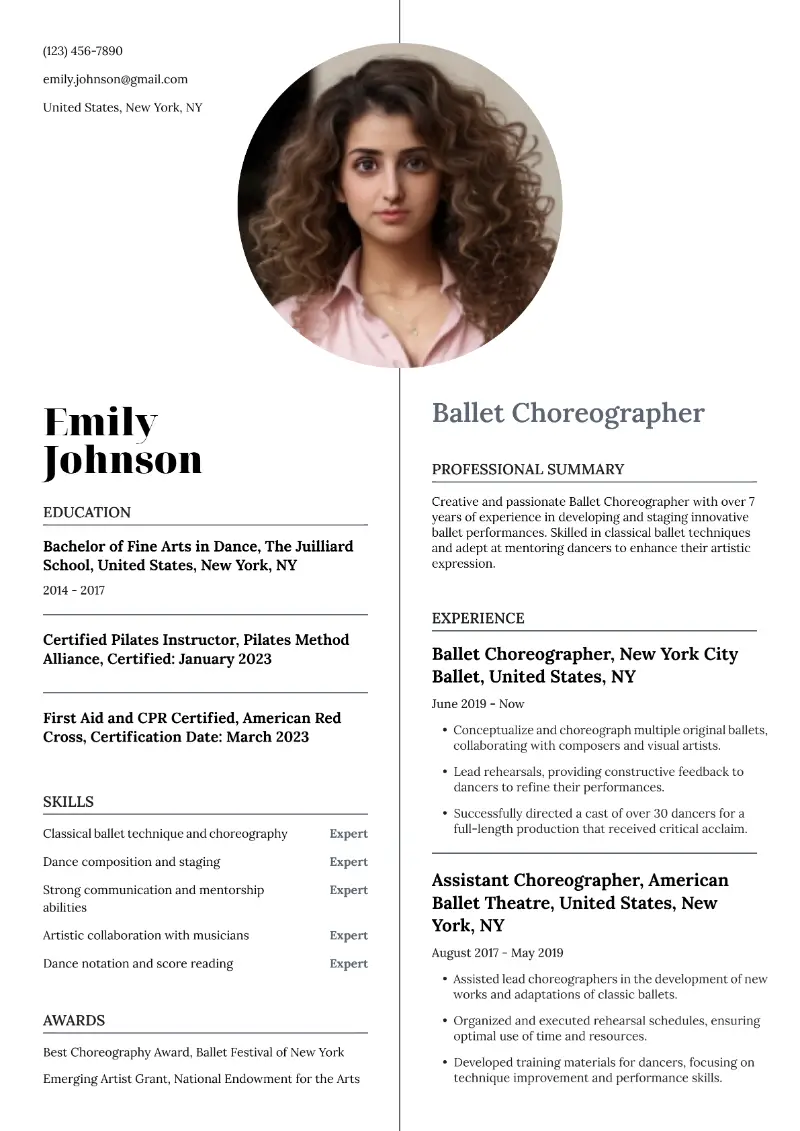 4 Choreographer Resume Examples & Templates for 2025