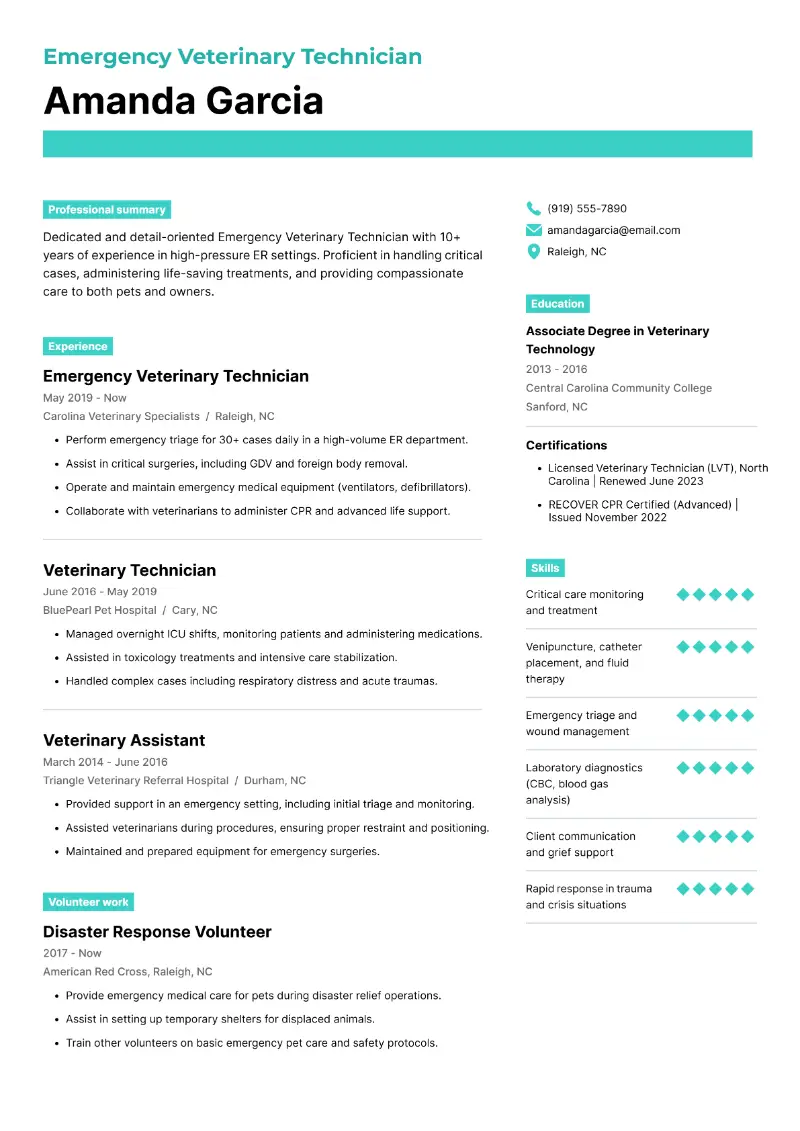 4 Veterinary Technician Resume Examples for 2025