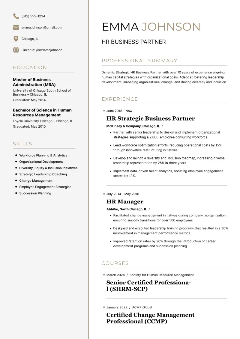 HRBP Resume Examples and Key Elements for 2025