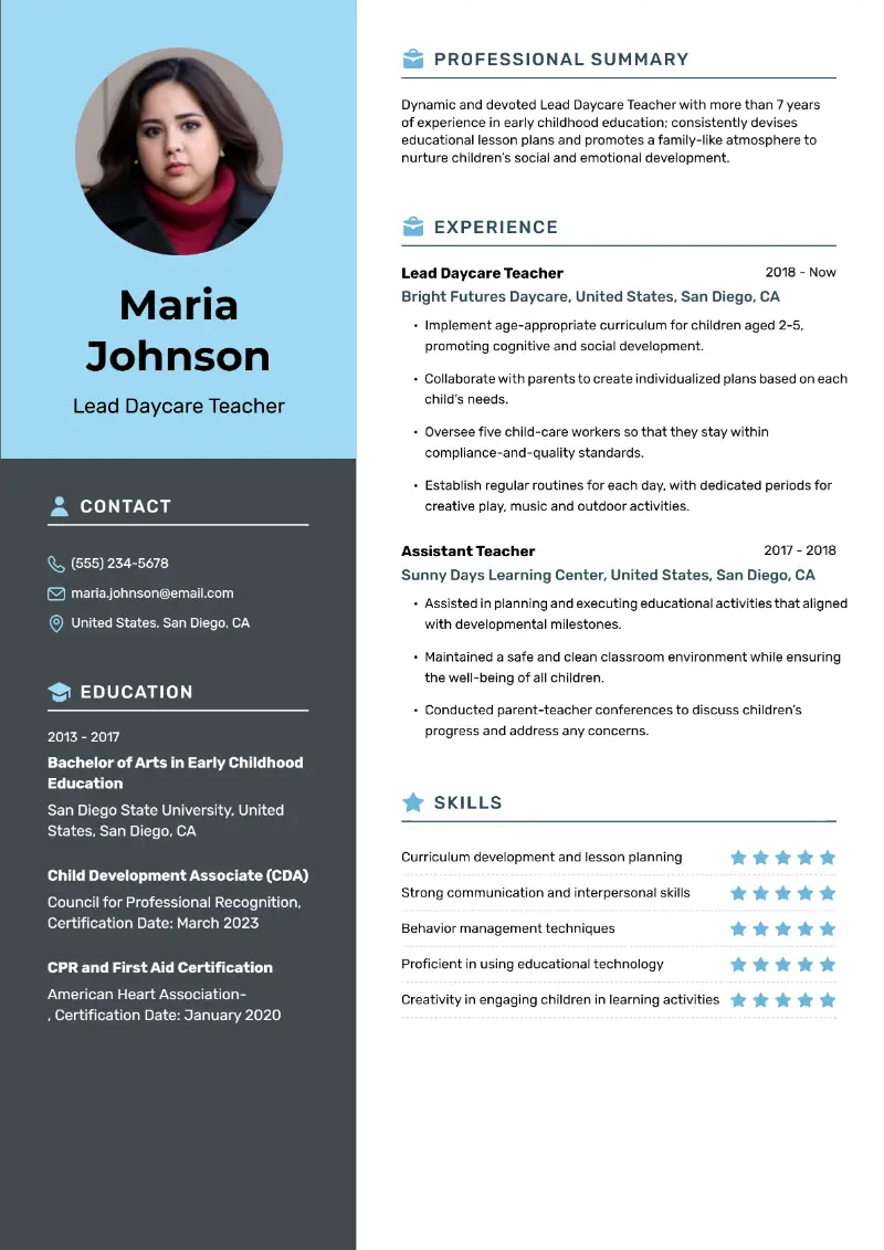 5 Daycare Resume Examples for 2025